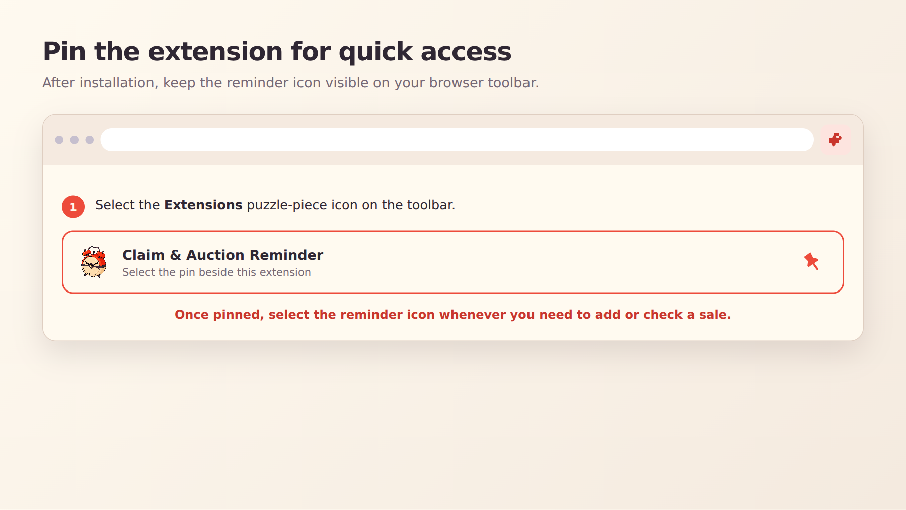 Illustration showing how to pin Claim and Auction Reminder in the browser toolbar