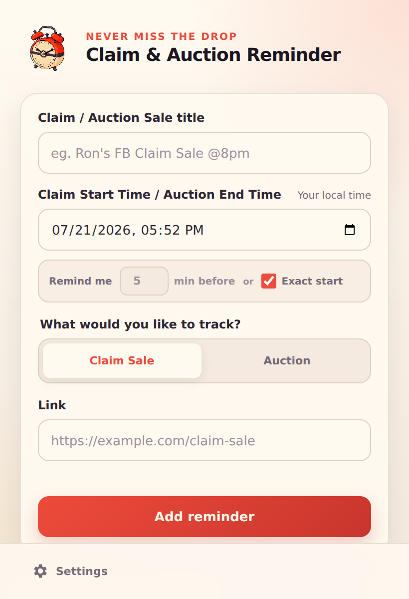 Claim and Auction Reminder form with Claim Sale selected