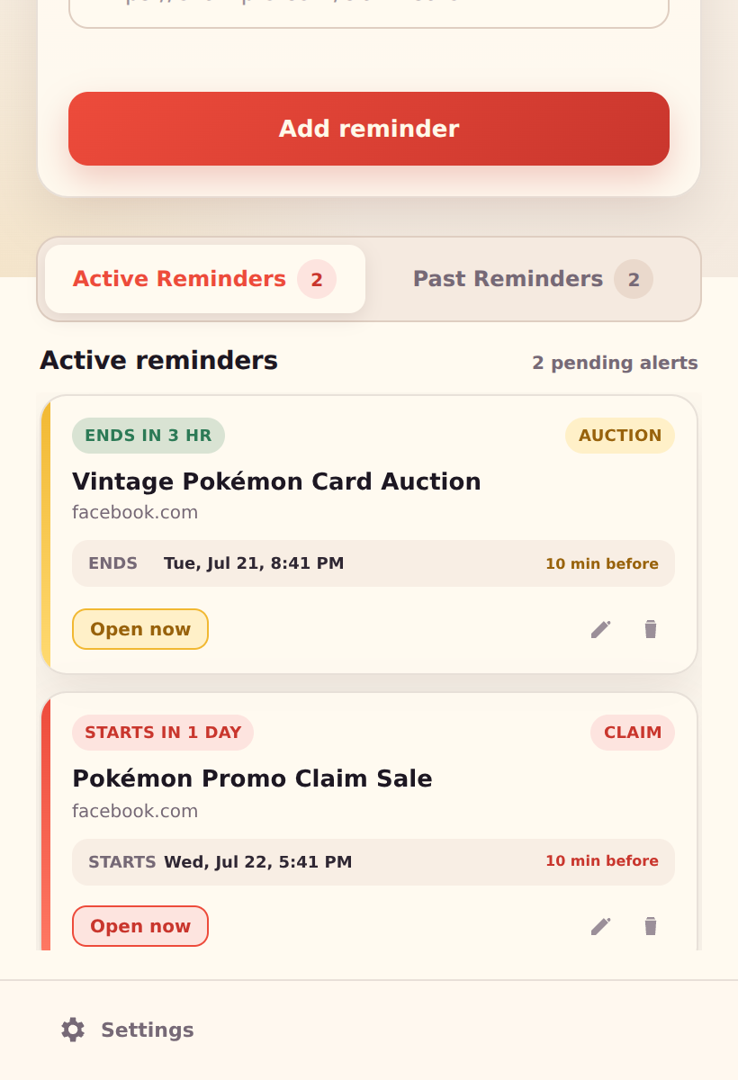 Active Reminders tab showing a Claim Sale and an Auction