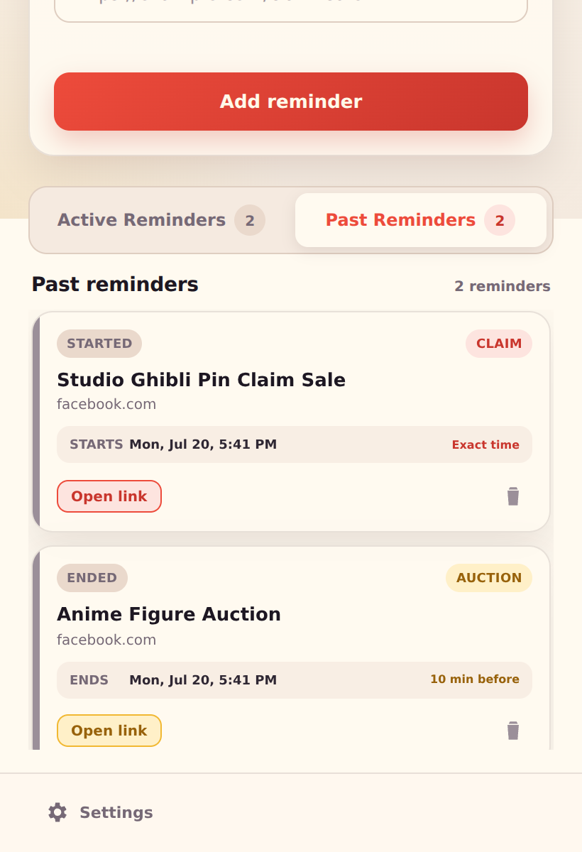Past Reminders tab showing completed Claim Sale and Auction reminders