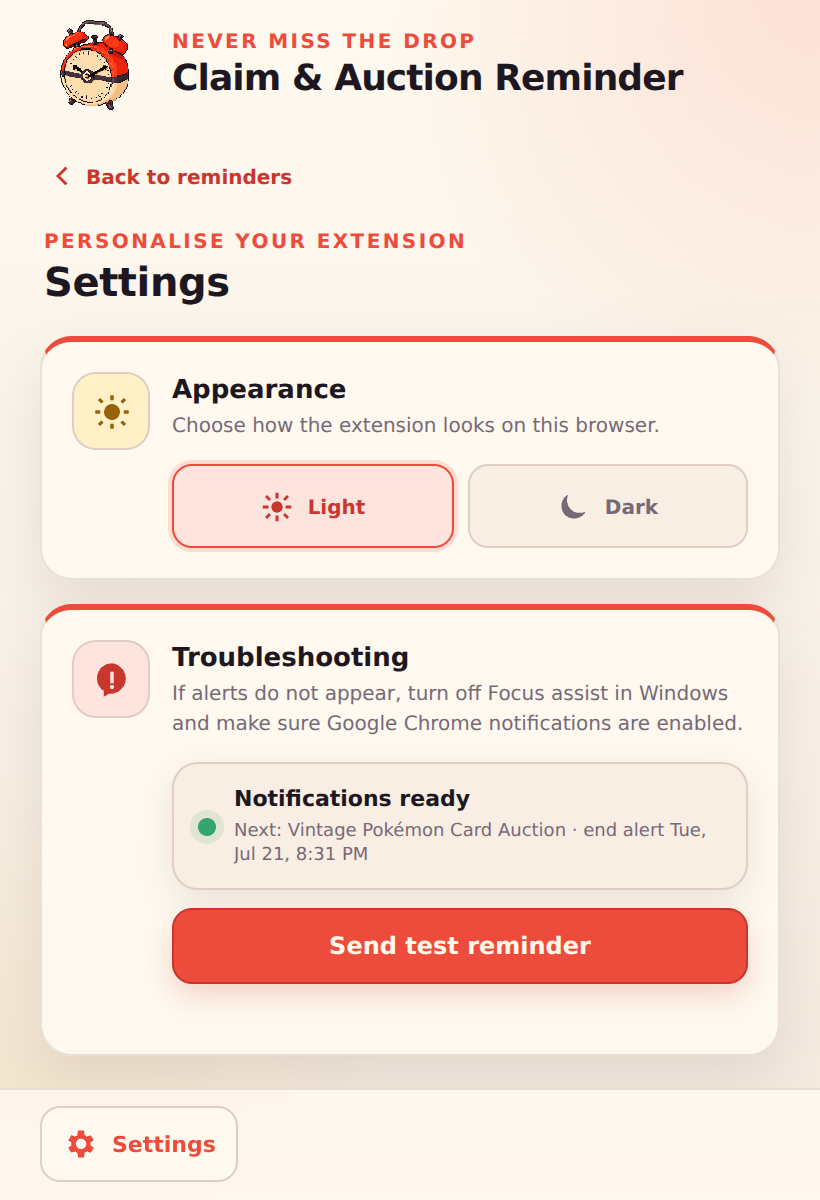 Settings screen with Appearance and Troubleshooting sections